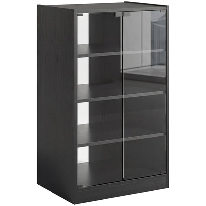 HOMCOM 4-Tier Hi-Fi Stand,  Record Player Stand with Adjustable Shelves and Push-to-Open Glass Doors, Black Wood-Effect
