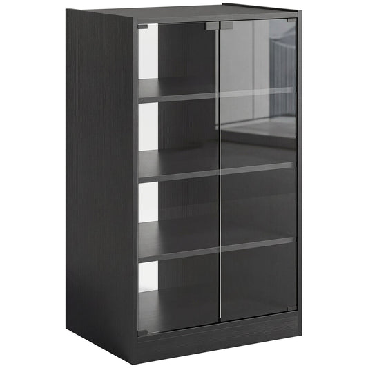 HOMCOM 4-Tier Hi-Fi Stand with adjustable shelves and push-to-open glass doors in black wood-effect