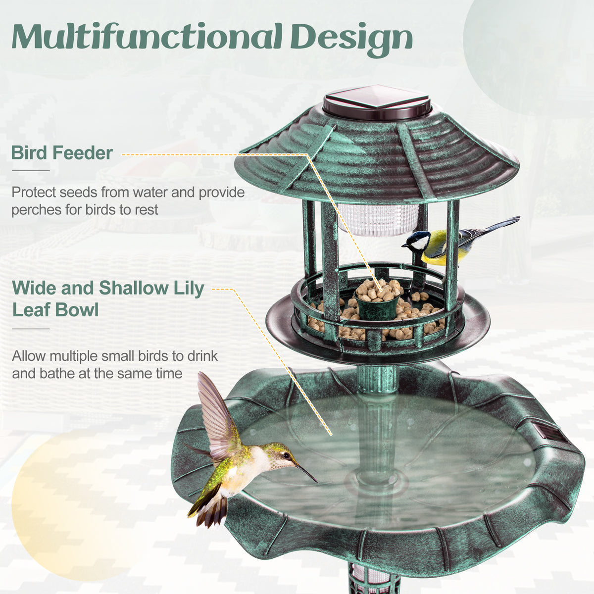 The bird supplies showing the feeder and the shallow lily leaf bowl for birds to drink and bathe