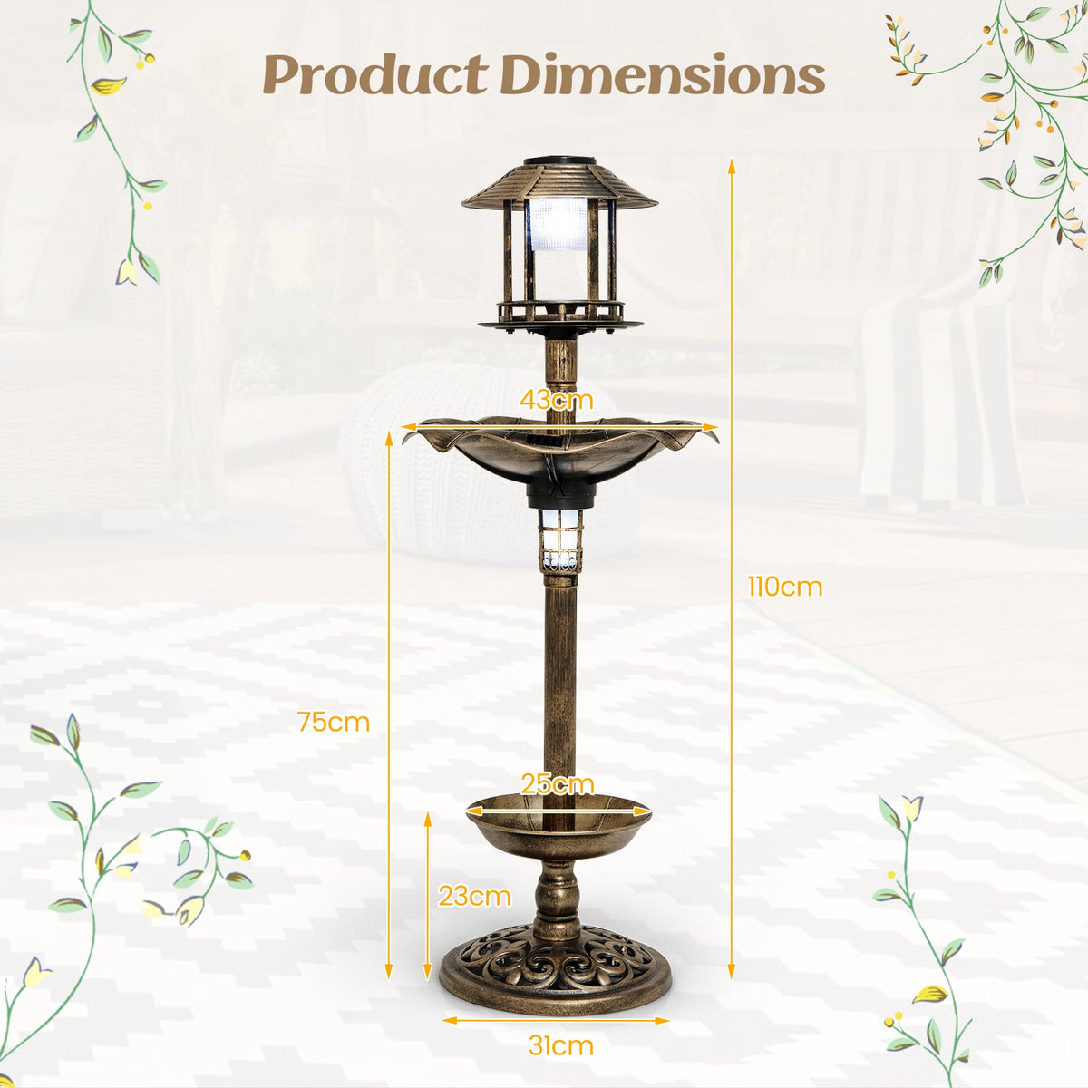 Product dimensions diagram for the antique birdbath and feeder combo