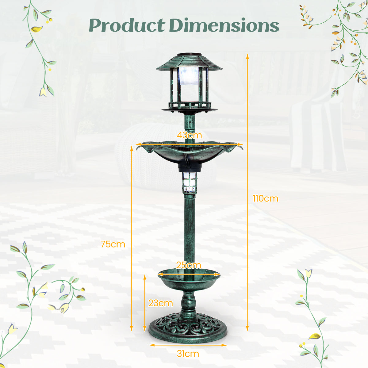 The green bird bath and feeder showing height and width labels