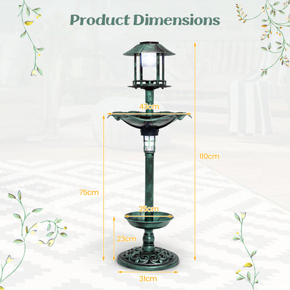 The green bird bath and feeder showing height and width labels