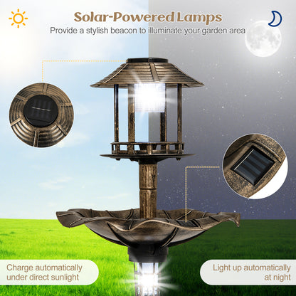 Close up of the solar powered lamps on the bird feeder and bird bath