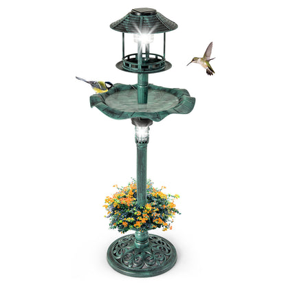 The green bird bath and feeder with a leaf shaped bowl on a white background
