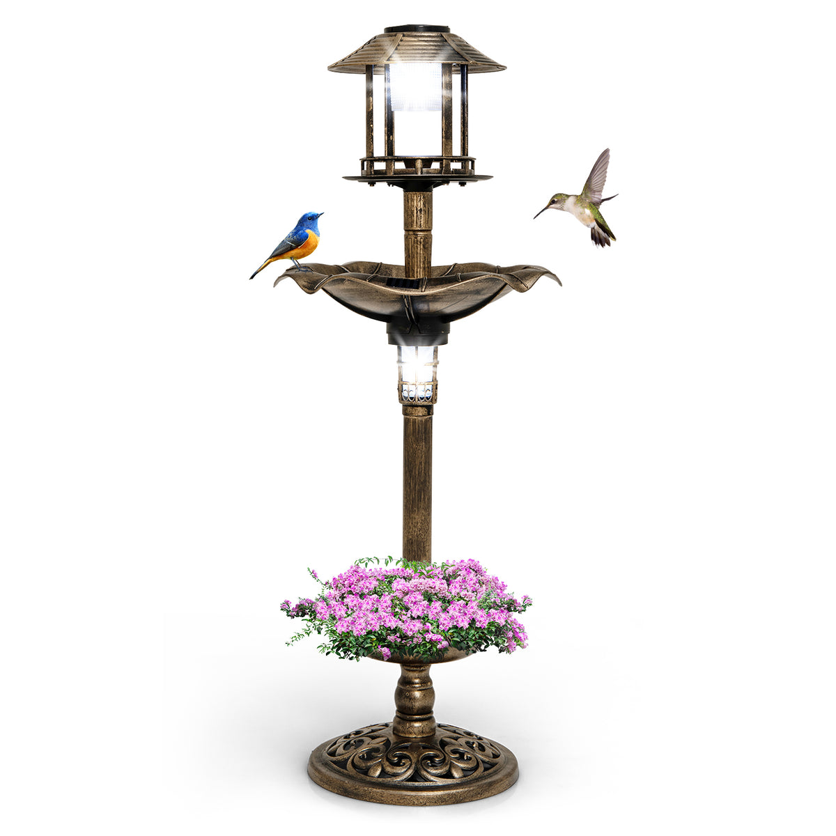 Antique Lighted Birdbath and Feeder Combo with two solar-powered lamps and a planter base