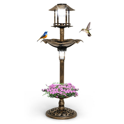 Antique Lighted Birdbath and Feeder Combo with two solar-powered lamps and a planter base