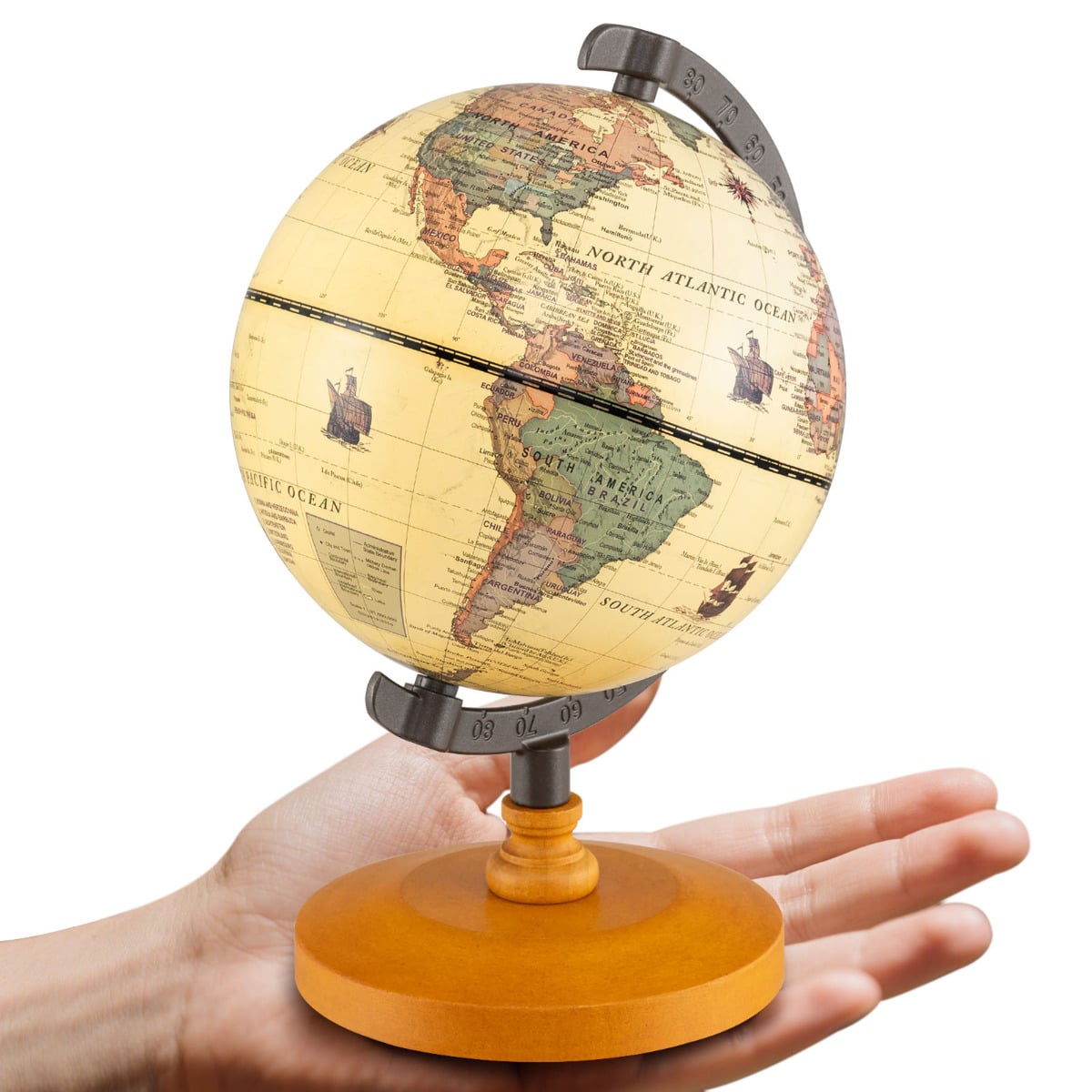 Antique Globe Dia 14cm with Wooden Base and Modern Map-Bronze
