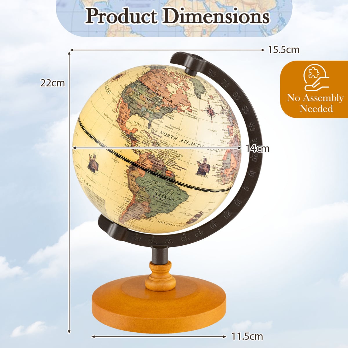 Antique Globe Dia 14cm with Wooden Base and Modern Map-Bronze
