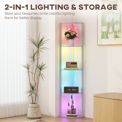 مصباح أرضي LED RGB من HOMCOM مع أرفف، مصباح قائم خافت بـ 5 مستويات سطوع قابل للتعديل وجهاز تحكم عن بعد، وحدة رف عرض زاوية عصرية لغرفة المعيشة وغرفة النوم والمكتب، رمادي