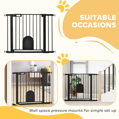 PawHut Dog Gate with Cat Flap Pet Safety Gate Barrier, Stair Pressure Fit, Auto Close, Double Locking, for Doorways, Hallways, 75-103 cm Black