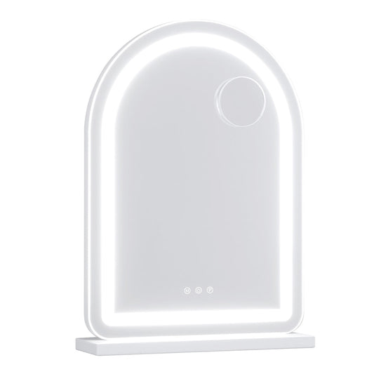 Arched Vanity Mirror with a glowing LED border and a small circular magnifying attachment on a base