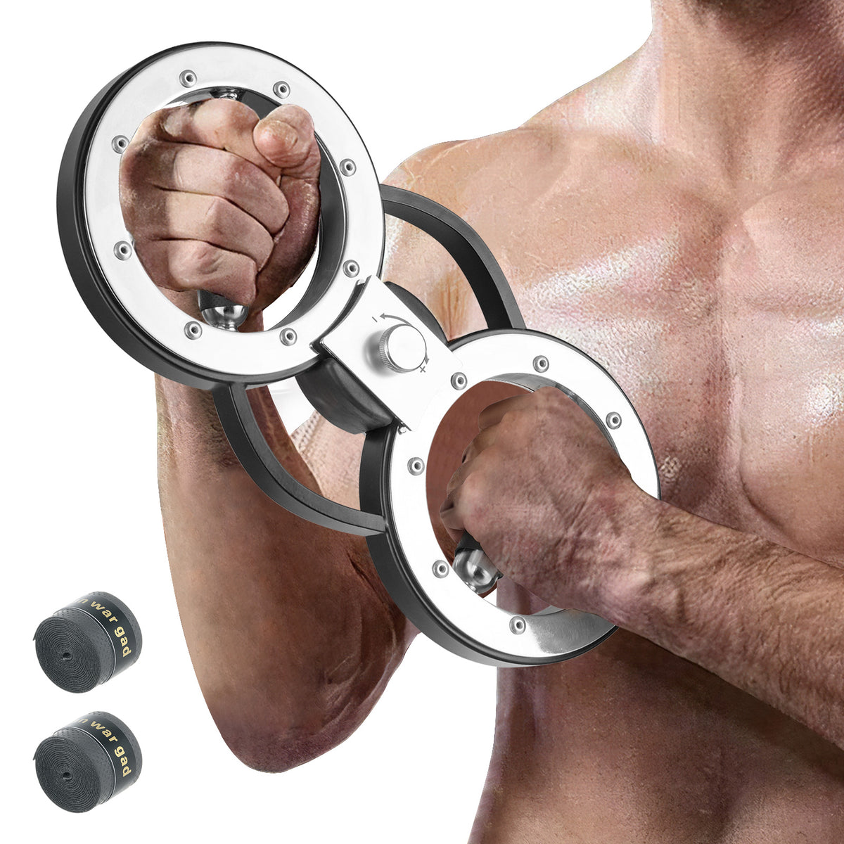The arm workout equipment held by a man showing the circular design and metal handles