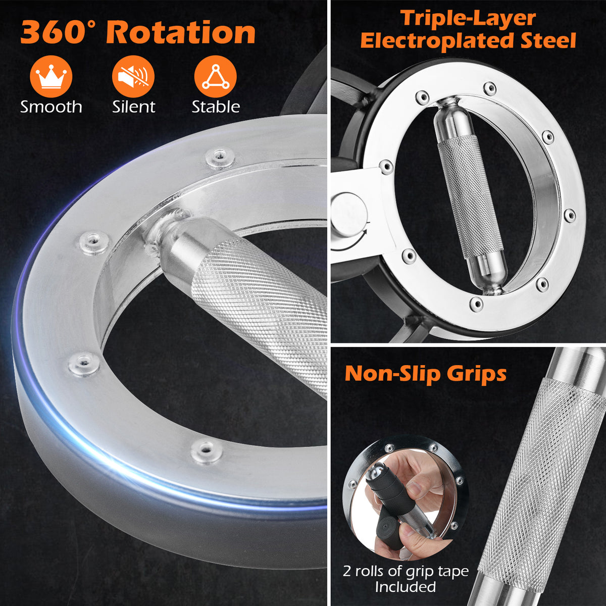 The arm workout equipment showing its smooth rotation, non-slip grips and electroplated handles