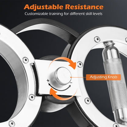 Close up of the adjustable resistance knob on the arm workout equipment, showing how to adjust resistance