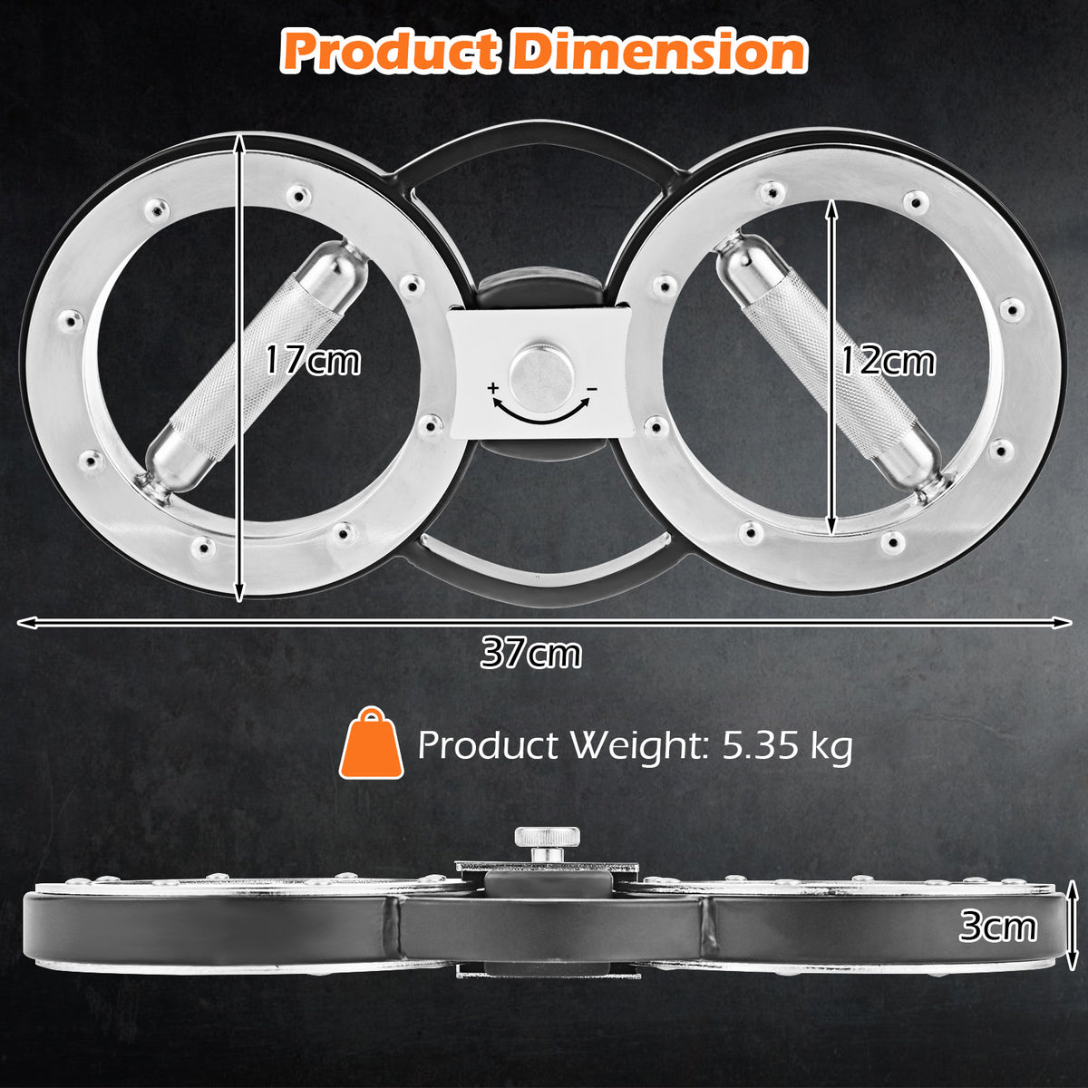 Product dimension diagram showing the size of the arm workout equipment and its weight