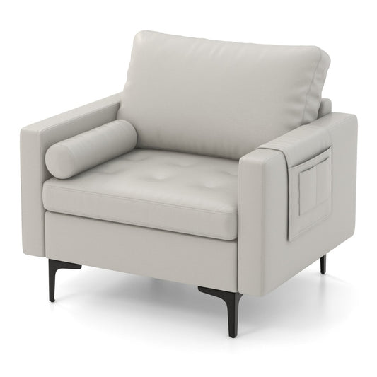 Close up of the grey armchair single sofa showing the side pocket detail