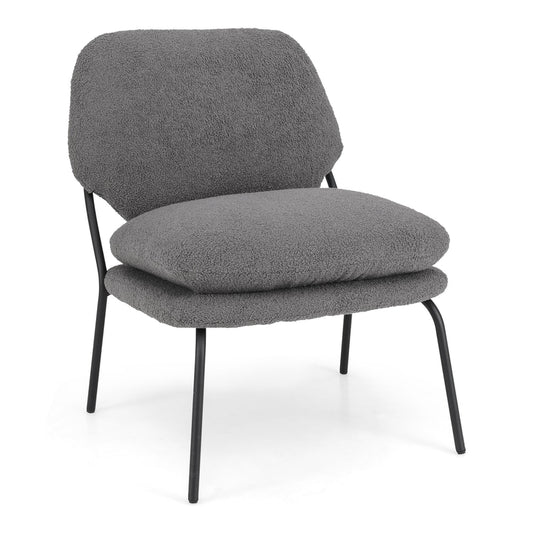 Armless Accent Chair in grey teddy fleece fabric with a black metal frame on a white background