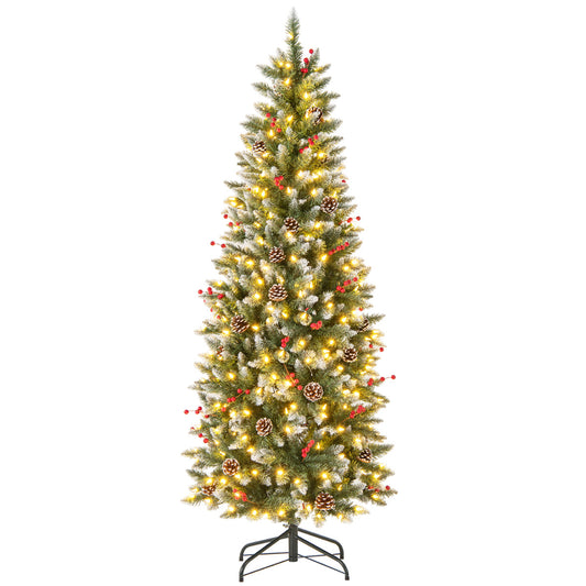 Artificial Christmas Tree with warm lights, pine cones and red berries on a metal stand