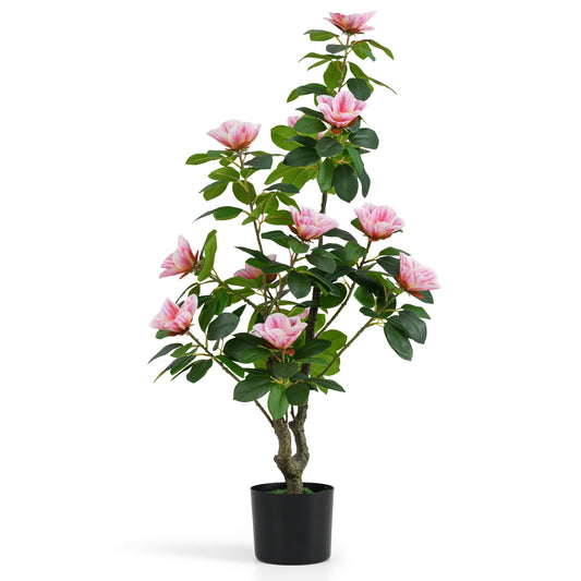 Artificial Magnolia Tree Faux Flower Plant in Nursery Pot standing against a plain white background