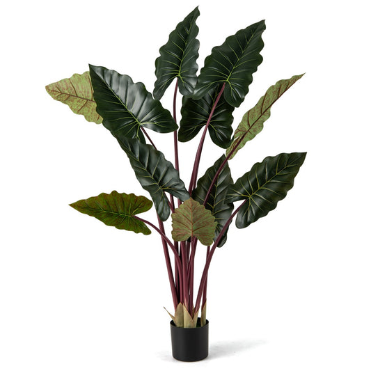 Artificial Rainbow Taro Tree with large dark green leaves and red stems, standing in a black pot