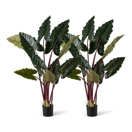 Artificial Rainbow Taro Tree set of two plants with dark green leaves and red stems in black pots