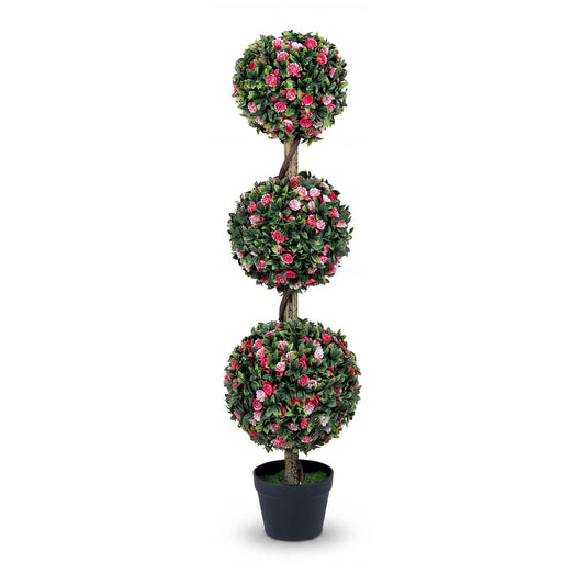 Artificial Triple Ball Rose Topiary Tree with three tiers of pink and red roses in a black pot