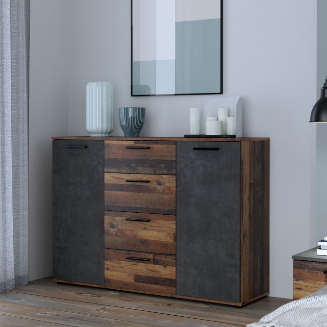 Attalyar 2 Door 4 Drawer Sideboard (HLNK26) in Old Wood Vintage and Dark Grey Concrete