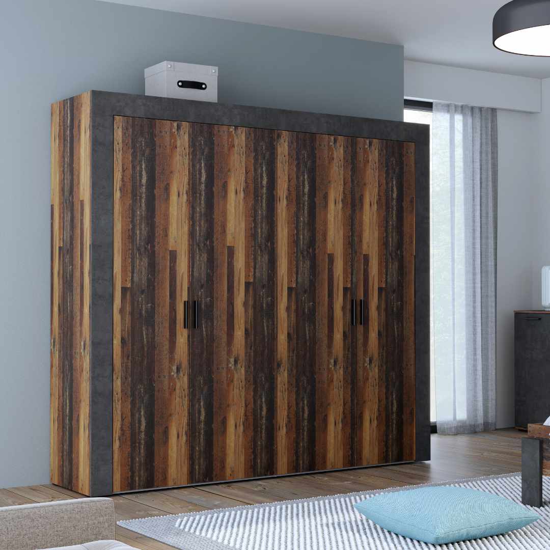 Attalyar 4 Door Wardrobe (ATTS941) in Old Wood Vintage and Dark Grey Concrete
