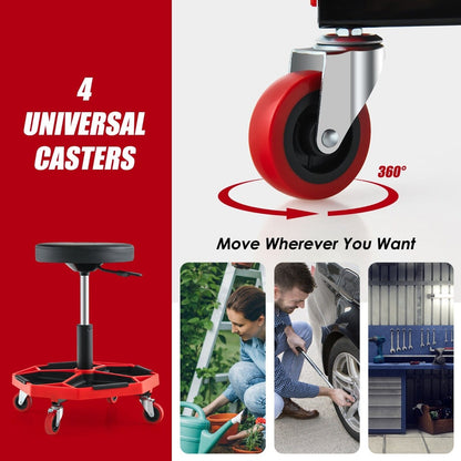 Garage Workshop Creeper Seat with Padded Seat and Tool Tray-Red