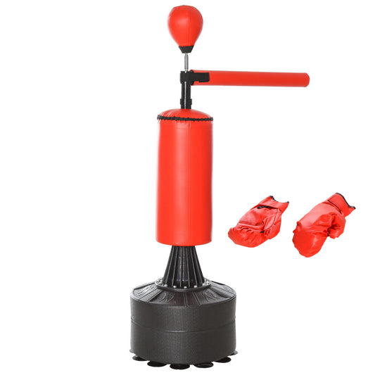 HOMCOM 155-205cm 3-IN-1 Freestanding Boxing Punching Bag Stand, Boxing Speed Trainer with Rotating Flexible Arm, Speed Ball, Fillable Base, Red