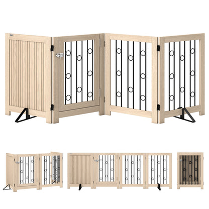 PawHut 4 Panel Freestanding Pet Gate, Indoor Dog Barrier with Lockable Door, Support Feet, 360 degrees Flexible Hinges, Oak