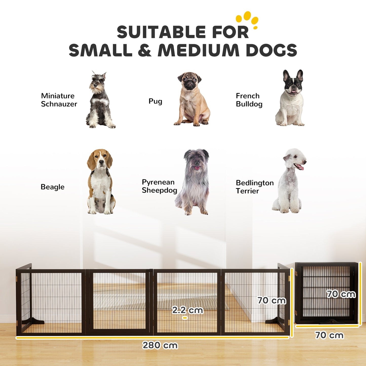 PawHut Wooden Pet Gate, Freestanding Dog Security Barrier with Two Support Feet - Black