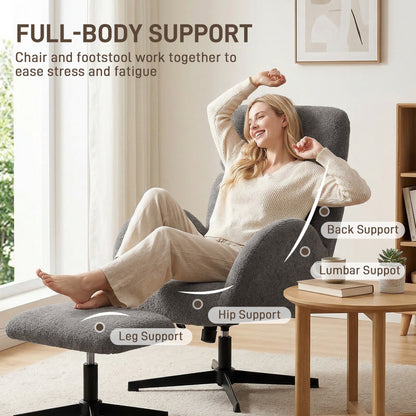 HOMCOM Swivel Armchair and Footstool Set, Height Adjustable Accent Chair with Adjustable Headrest, Rocking Function, Grey