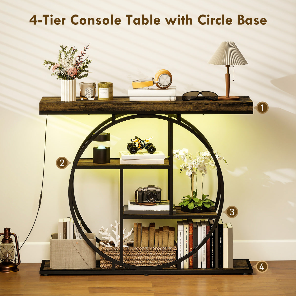 HOMCOM Industrial Console Table with LED Lights, Narrow Hallway Table with Storage Shelves, 100cm, Rustic Brown
