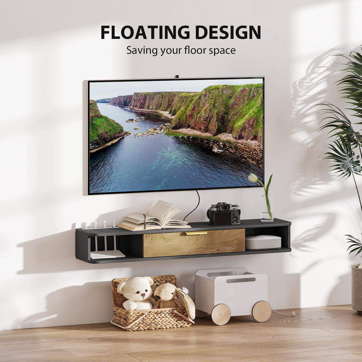 HOMCOM 120 cm Floating TV Stand with Storage in Charcoal Grey