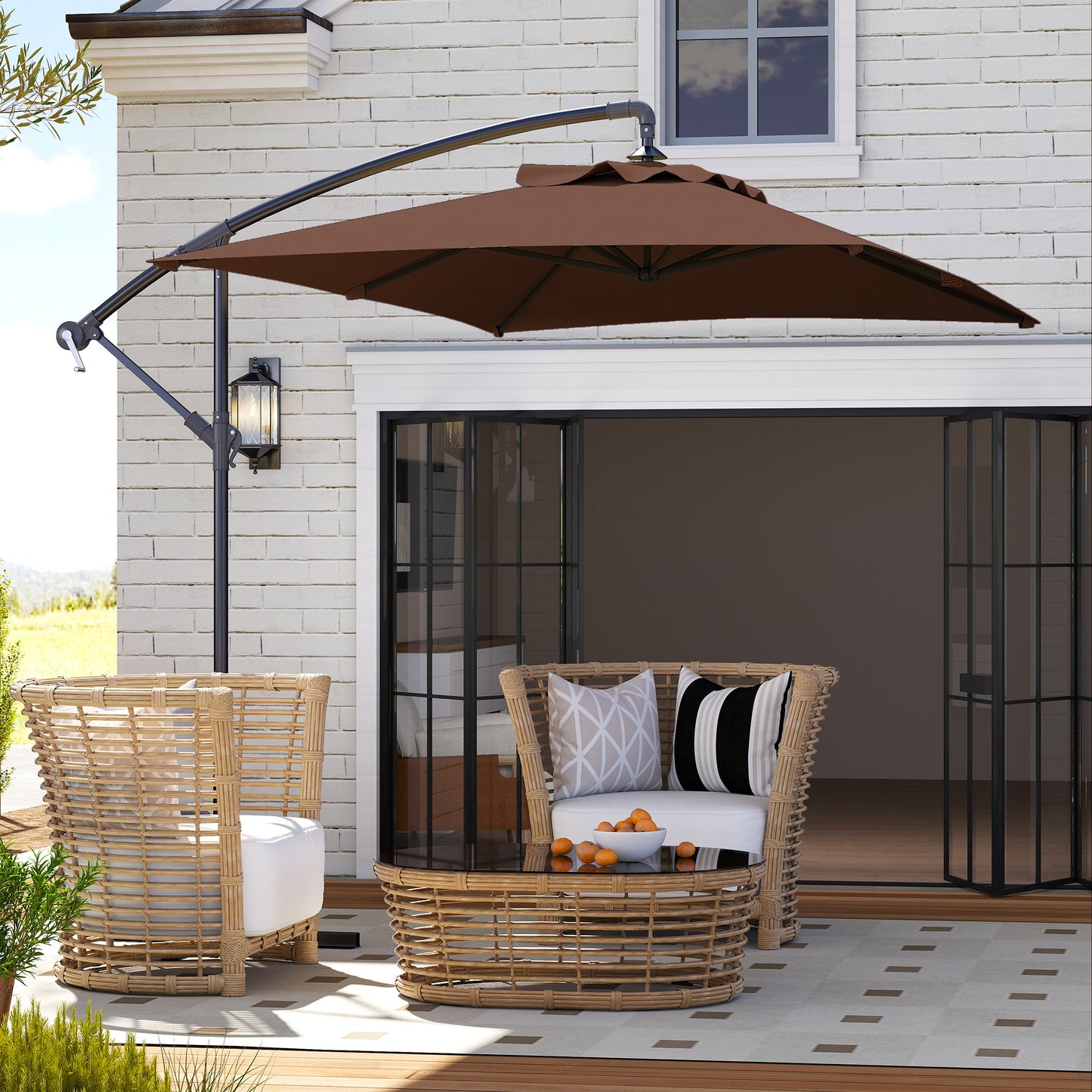 Outsunny 3m Square Canopy Cantilever Parasol, with Cross Base - Brown