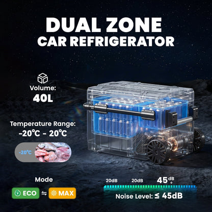 Outsunny 40L Compressor Car Fridge Freezer, Dual Zone Camping Refrigerator with App Control, Telescopic Handle, -20 degreesC-20 degreesC