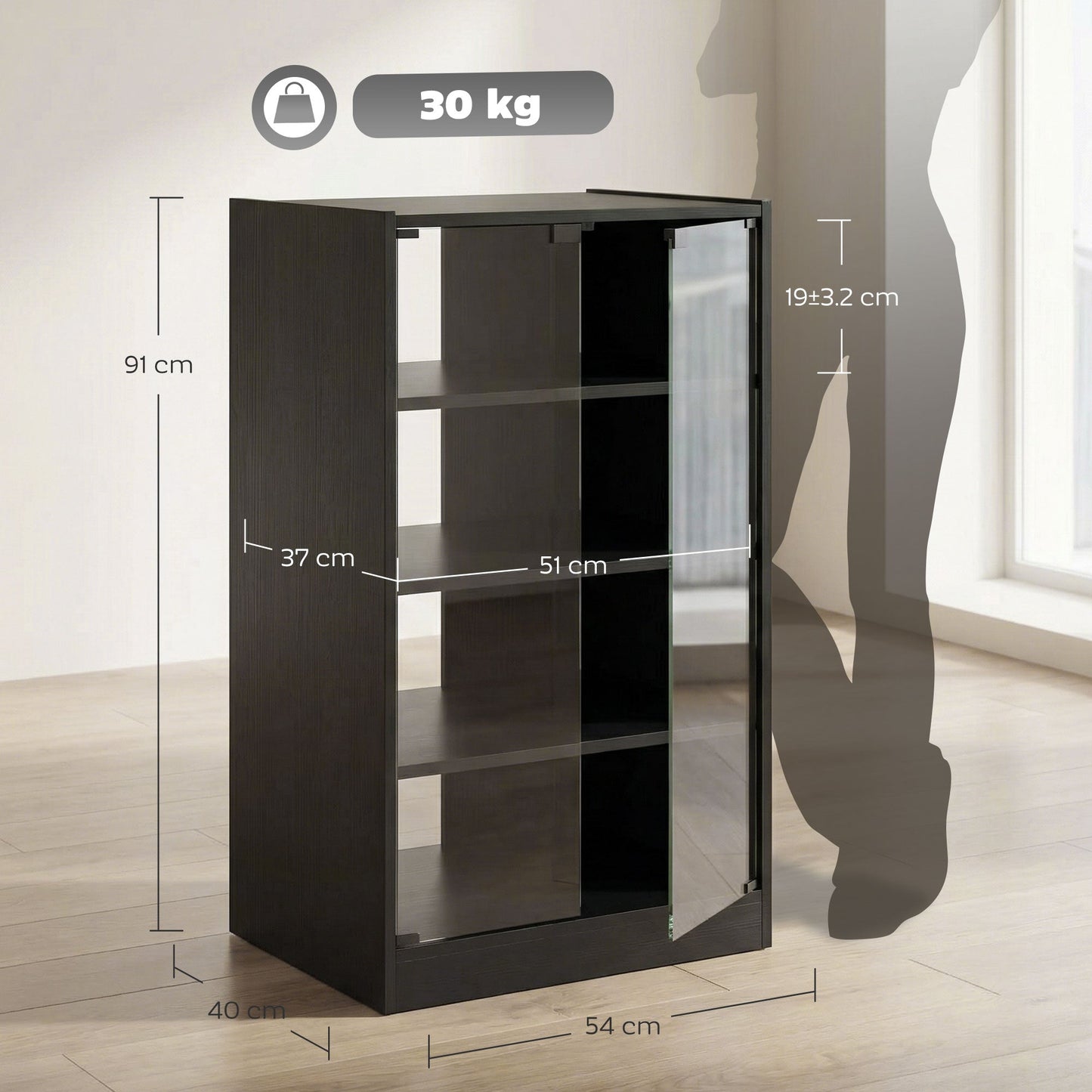 HOMCOM 4-Tier Hi-Fi Stand,  Record Player Stand with Adjustable Shelves and Push-to-Open Glass Doors, Black Wood-Effect