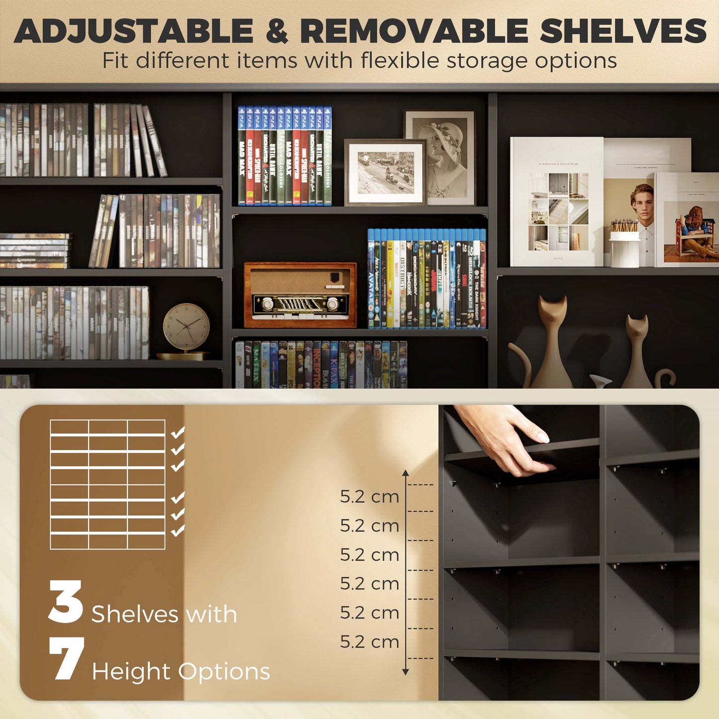HOMCOM 1032 CD/594 DVD Storage Unit, Blu-ray Media Storage Shelf with 24 Compartments and 18 Adjustable Shelves, Black
