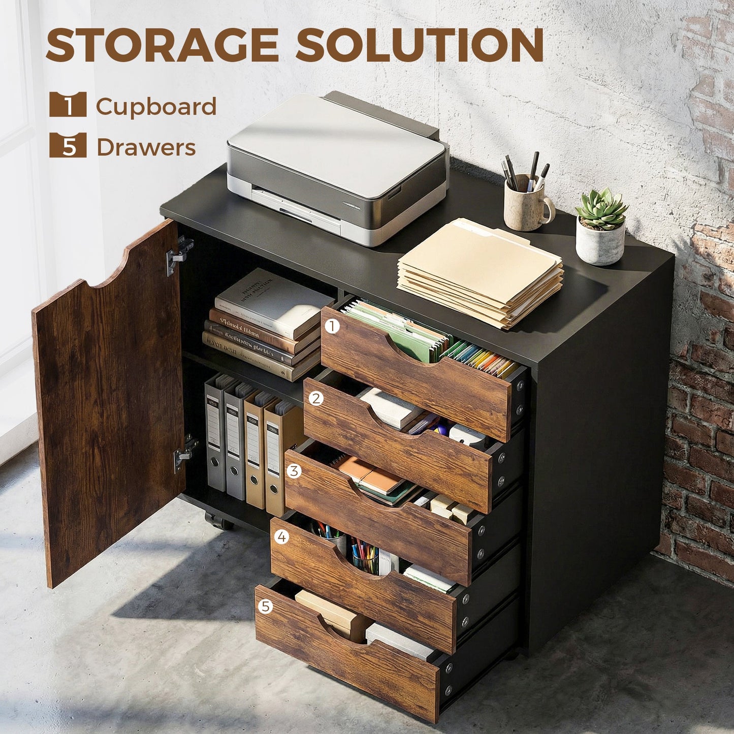 HOMCOM Multi-Storage Mobile Office Storage Cabinet - Rustic Brown