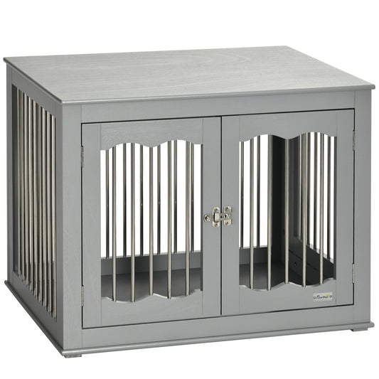 PawHut Dog Crate End Table أثاث على طراز قفص الكلاب بثلاثة أبواب وأقفال ومزالج - رمادي