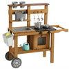 AIYAPLAY Wooden Mud Kitchen with Wheels, Stove, Faucet, Flower Pots, Stainless Steel Accessories for Toddlers 3-6, Brown