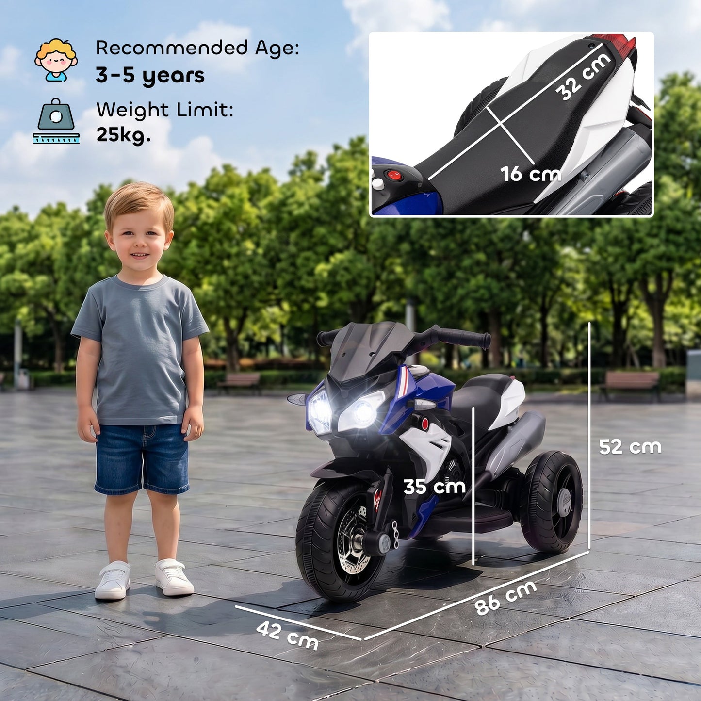 HOMCOM Kids Electric Motorcycle, 6V Ride on Motorcycle with 3 Wheels, LED Headlight, Music, Horn for Boys Girls 3-5 Years, Blue