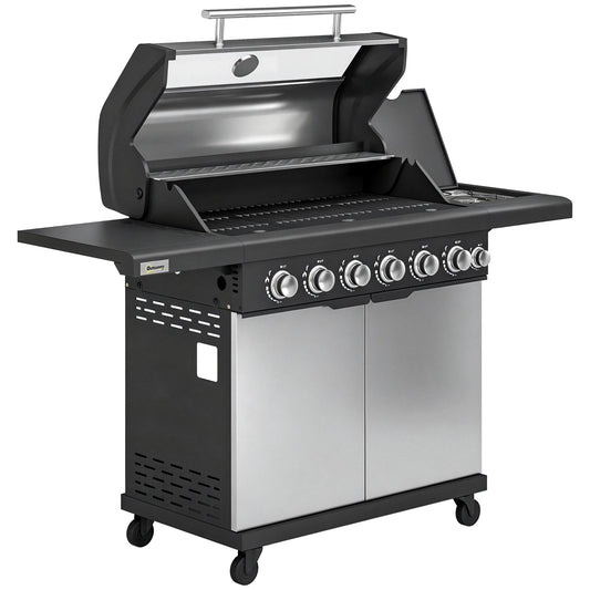 Outsunny 6+1 Burner Gas BBQ Grill in Silver Tone