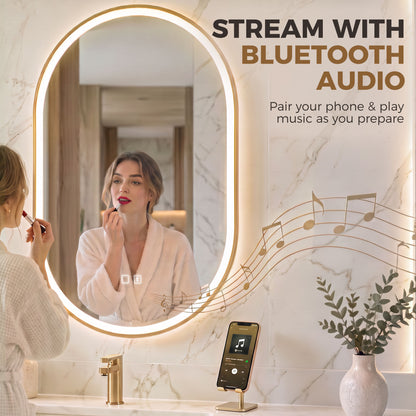 HOMCOM Bathroom Mirror with LED Lights, 100x70cm Oval Bathroom Mirror, Dimmable, Bluetooth, Anti-Fog, Gold Tone