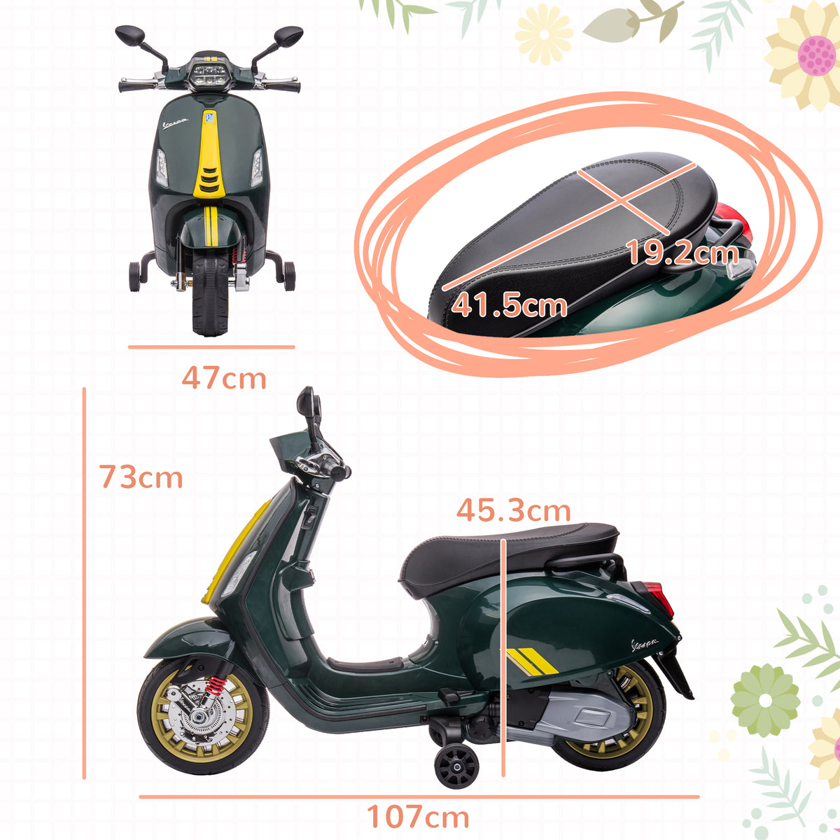 AIYAPLAY 12V Vespa Licensed Kids Electric Motorbike w/ Music in Green