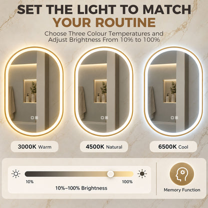 HOMCOM Bathroom Mirror with LED Lights, 100x70cm Oval Bathroom Mirror, Dimmable, Bluetooth, Anti-Fog, Gold Tone