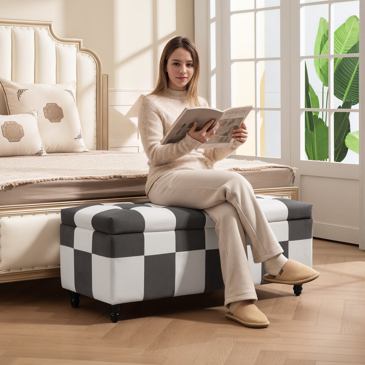 HOMCOM عثماني تخزين مخملي 114 × 47 × 47 سم، صندوق مسند قدم بأزرار، صندوق ألعاب بغطاء لغرفة المعيشة وغرفة النوم، رمادي غامق وأبيض