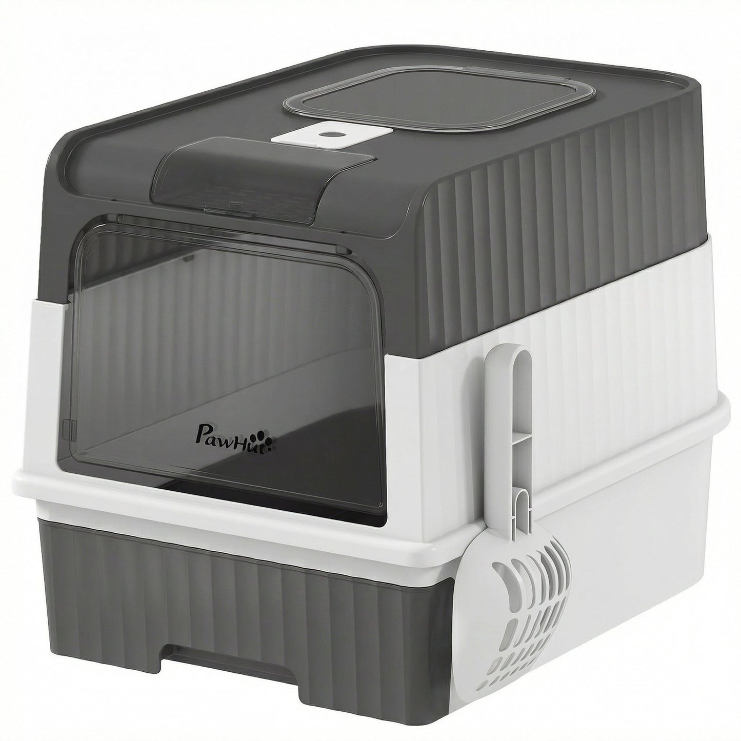 PawHut Enclosed Cat Litter Box with Lid, Pull-Out Drawer Tray, Scoop, 4 Deodorisation Bags, Front Entry & Top Exit, Grey
