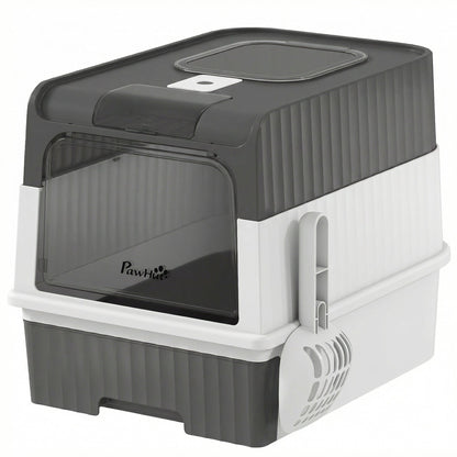 PawHut Enclosed Cat Litter Box with Lid, Pull-Out Drawer Tray, Scoop, 4 Deodorisation Bags, Front Entry & Top Exit, Grey